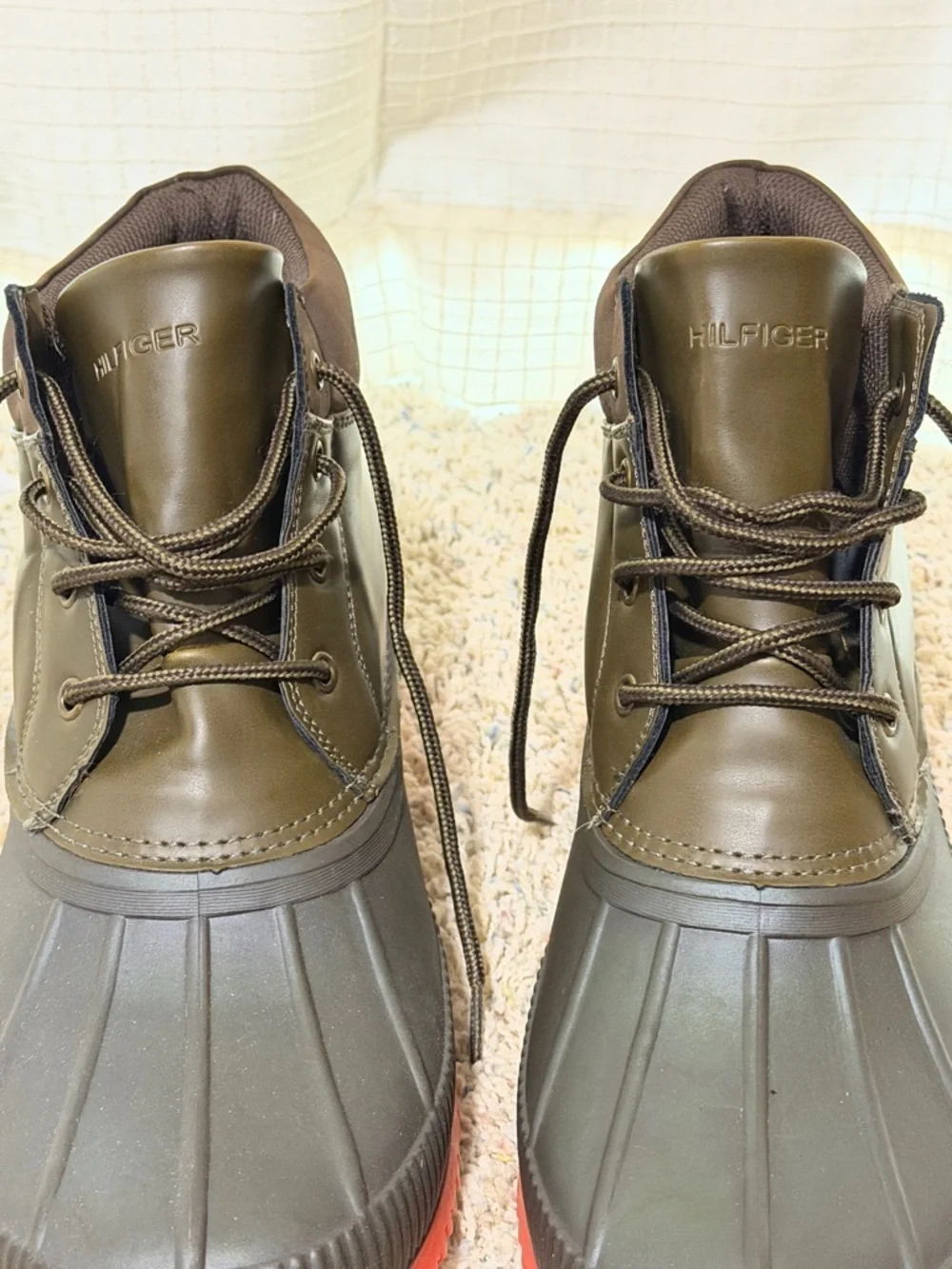 Tommy Hilfiger sz 12 Men's Celcius Rain Snow Duck Boots orange green brown shoe